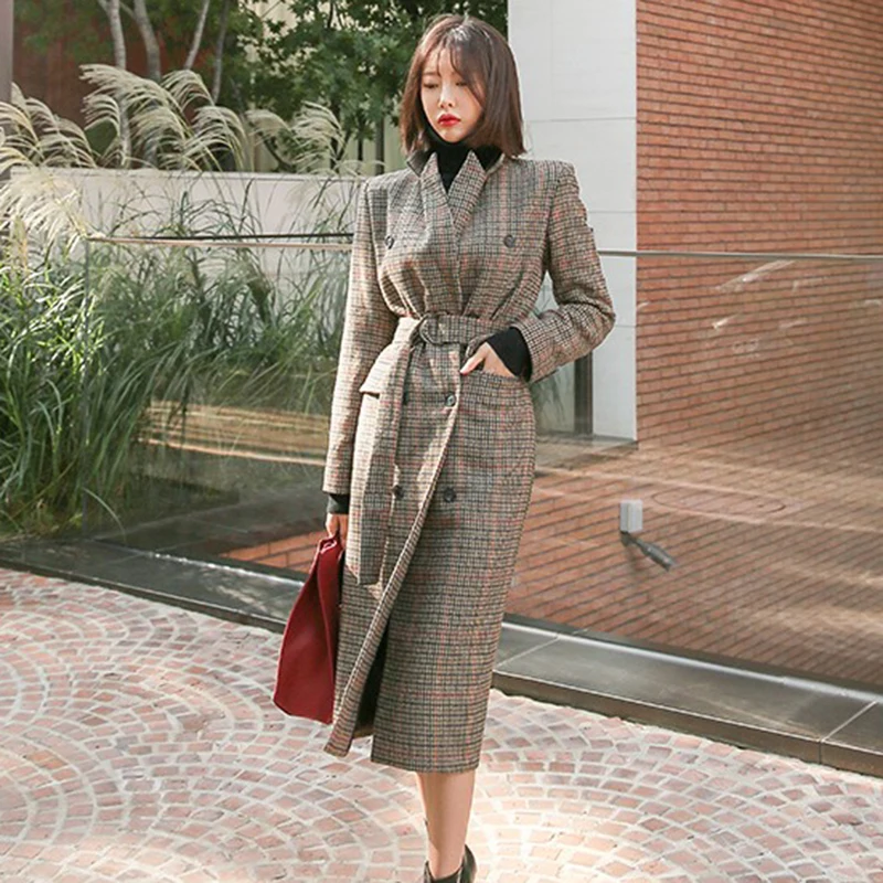 YOSIMI Autumn Winter Long Women Woolen Coat Turn-down Collar Outwear Clothing Wide-waisted Belt Female Costume Gray For Women