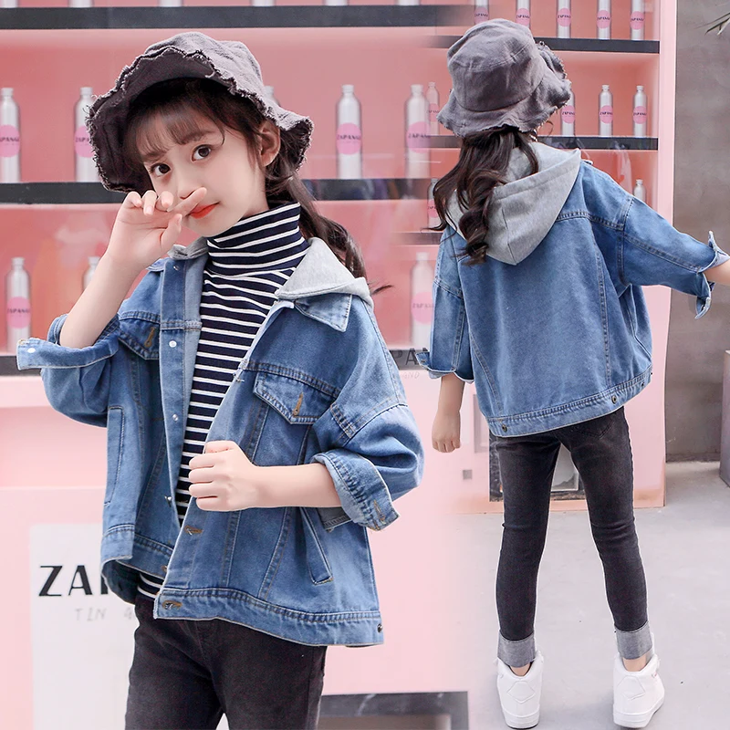 

Denim Jackets for Girls Autumn Spring Trench Children Clothing 4 6 8 10 12 Years Hooded Outerwear Windbreaker Kids Jeans Coats