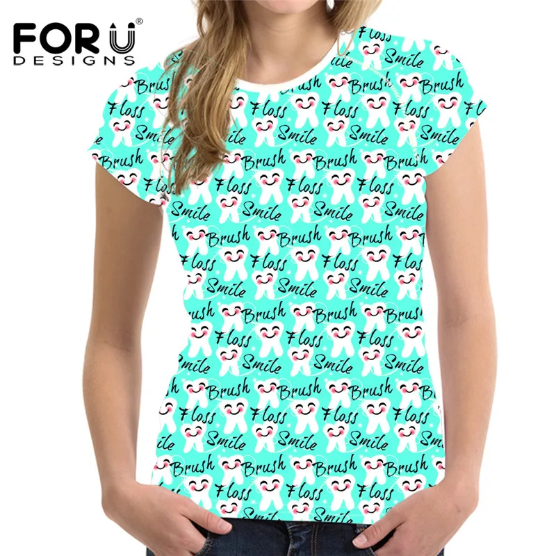 FORUDESIGNS طب الأسنان طباعة المرأة قصيرة الأكمام بلايز الصيف تنفس كوع تي أنثى قمصان عارضة جولة الرقبة قمم قمصان الملابس