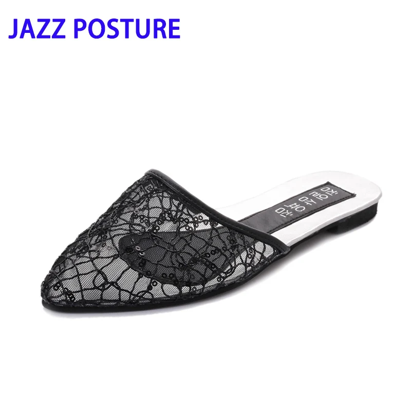 

2019 new pointed fashion elegant ladies sandals flat slippers sequins decorative sexy hollow large size ladies sandals y065