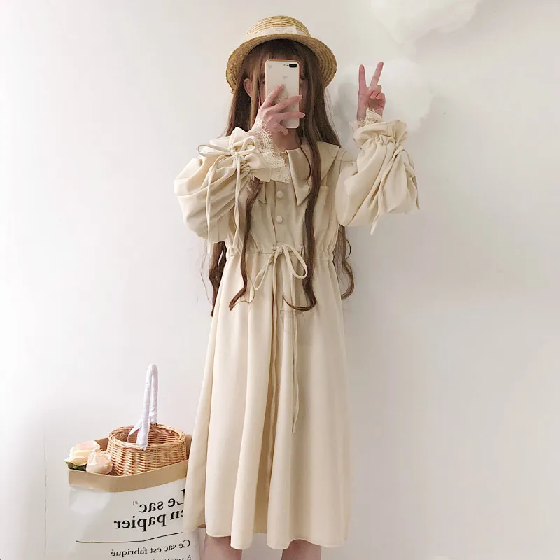 

mori girls autumn spring vintage sweet long sleeve turn-down collar solid one-piece dress cosplay costumes Japanese dress