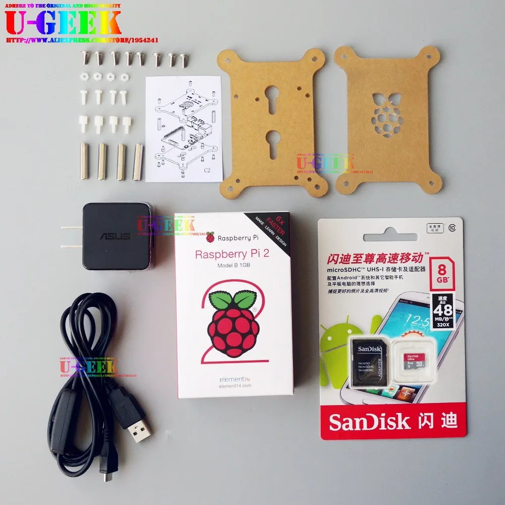 UGEEK Raspberry Pi 2 Модель B комплект с оригинальным акриловым корпусом, адаптер питания, кабель питания, карта MicroSDHC-TF