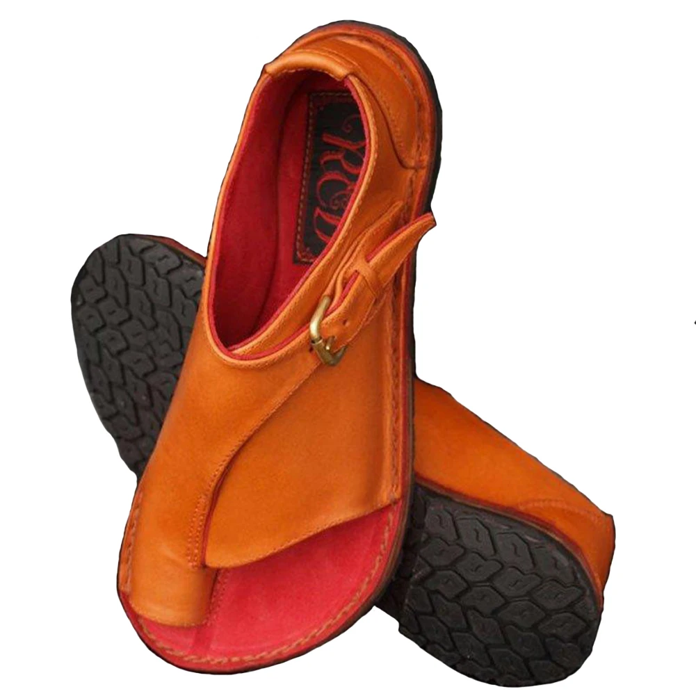 

Women Non Slip Flat Bottom Mouth Round Buckle Strap Soft Sole Solid Clip Toe Breathable Sandals Casual Summer Retro PU Daily