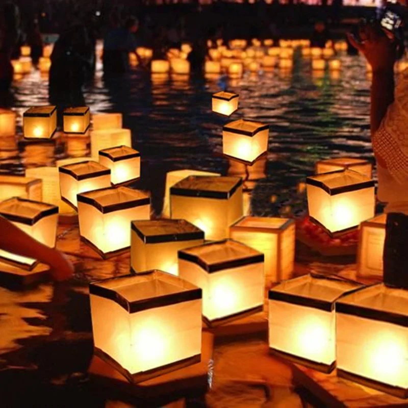 

10pcs Paper square floating water lantern with candle Water Light Paper Lanterns for birtyday wedding party decoration