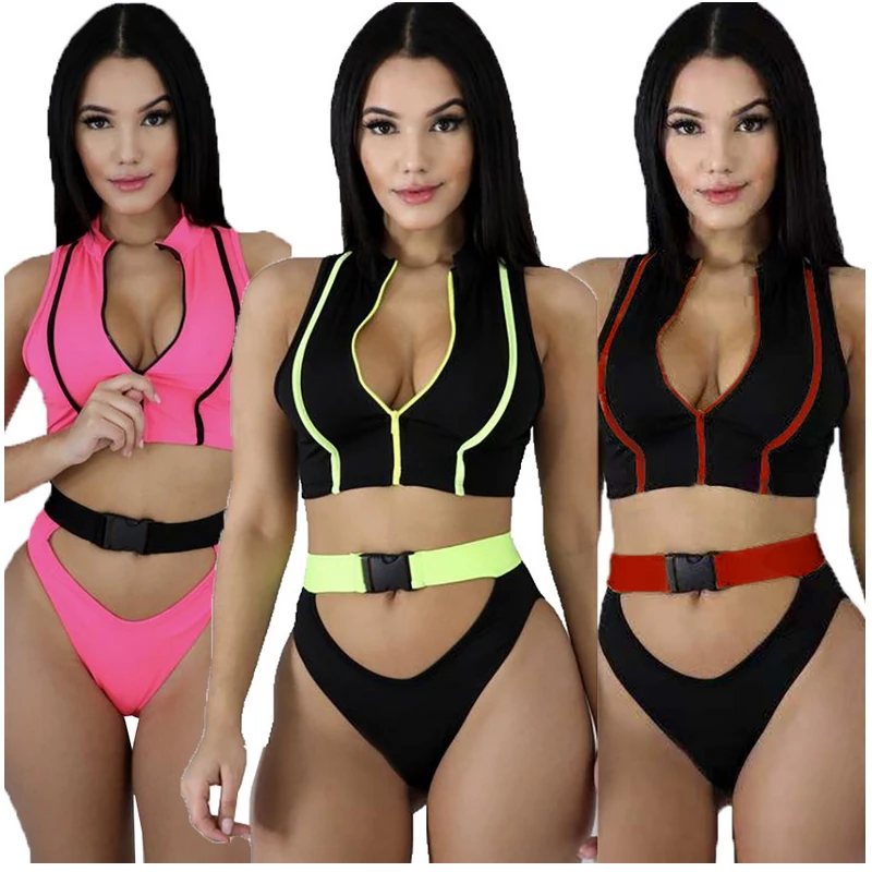 

2019 Summer New Beach Style Two Piece Set Bodycon Bodysuit Sexy Bandage Playsuits Shorts Crop Top Zipper Front Cut Out Elastic