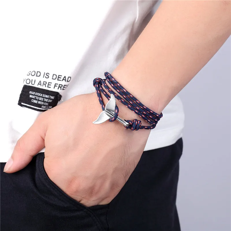 MKENDN New Whale Tail Anchor Bracelets Men Women Charm Nautical Survival Rope Chain Paracord Bracelet Male Wrap Metal Hooks