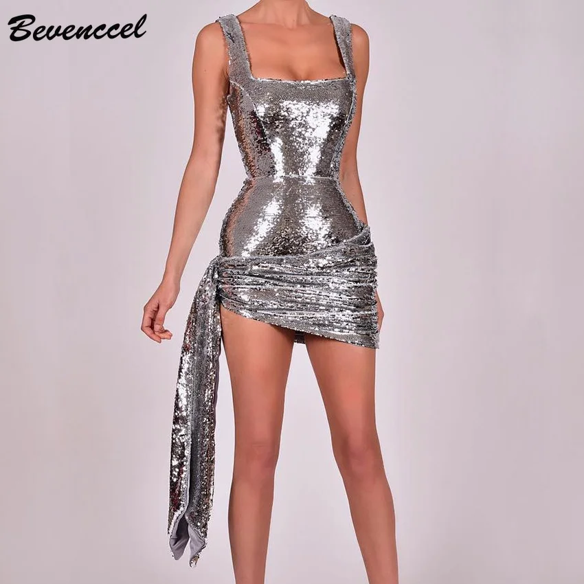 

Bevenccel 2019 New Arrival Sexy Summer Women Dress Sleeveless Sequins Lace Up Bodycon Elegant Evening Party Dress Vestidos