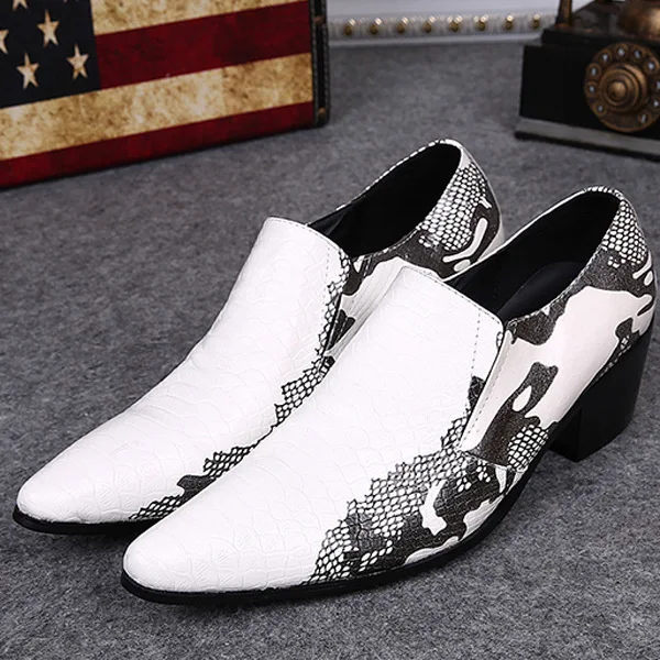 

New Python Patter Man Dress Shoes Black White Mix Color Leather Shoes Groom Wedding Height Increased Party Shoes