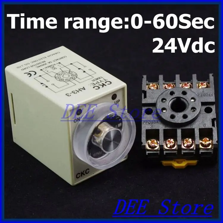 

24V DC Power On Delay Timer 0-60s Relay AH3-3 With Socket Base PF083A 5A