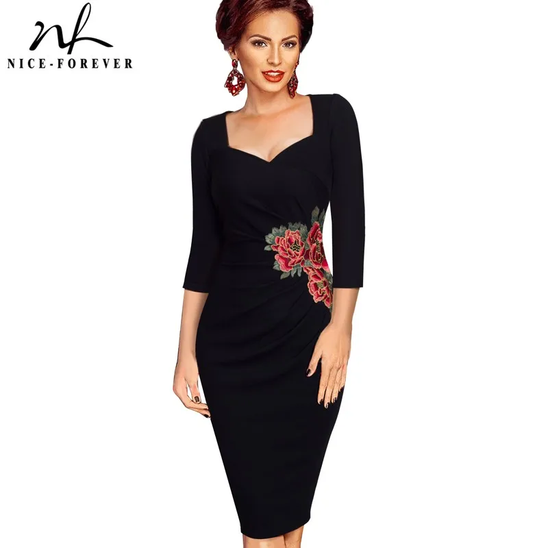 

Nice-forever Vintage Applique Flower embroidery Wear to Work vestidos Bodycon Office Sheath Women Business Dress btyB347