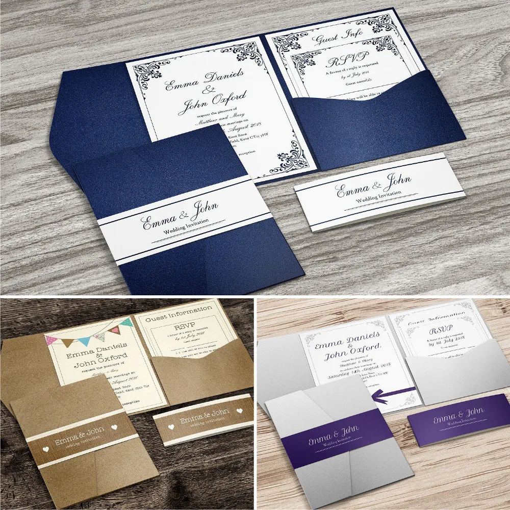 50 Pieces, Formal Handmade Pocket fold Wedding Invitations Cards with