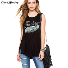 Covasophy Women Summer 2017 Fashion Blouses Free Shipping Feathers Print Round Neck Camis Feathers Sleeveless Black Color Tops