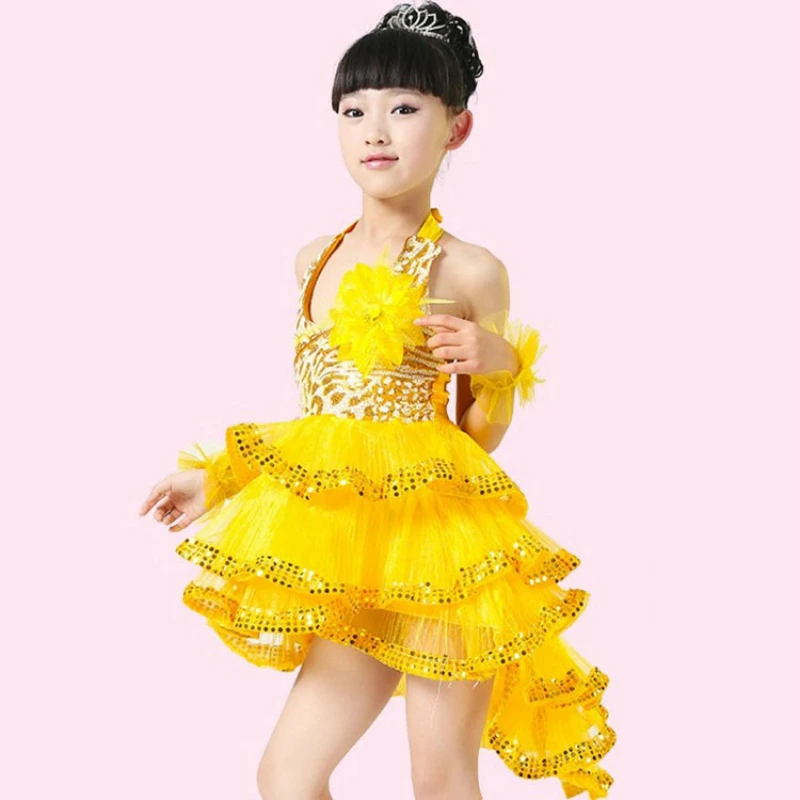 

2017 new Latin Dance Dresses Kids Ballroom Dance Costume fashion Big flower sleeveless sequin children dance performance clothes