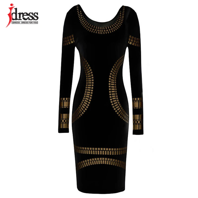IDress Classic Style Women Gold Printing Bodycon Dress Elegant Ladies Casual Black White Long Sleeve Dress 2017 Winter Autumn (6)
