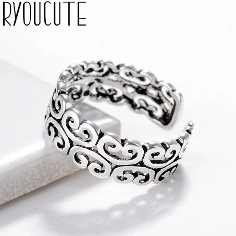 

Bohemian New 925 Sterling Silver Big Retro Pattern Rings for Women Gift Adjustable Size Antique Ring Wedding Jewelry Wholesale