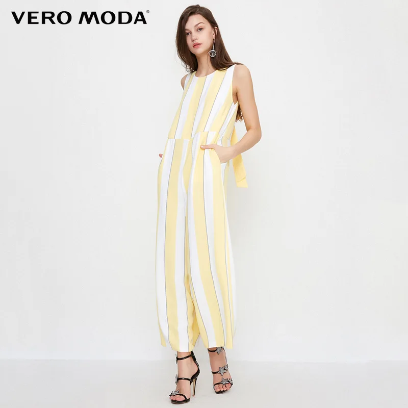 

Vero Moda 2019 Spring Summer New V Neckline Highly Draped Wide-leg Striped Crop Jumpsuit |318244516