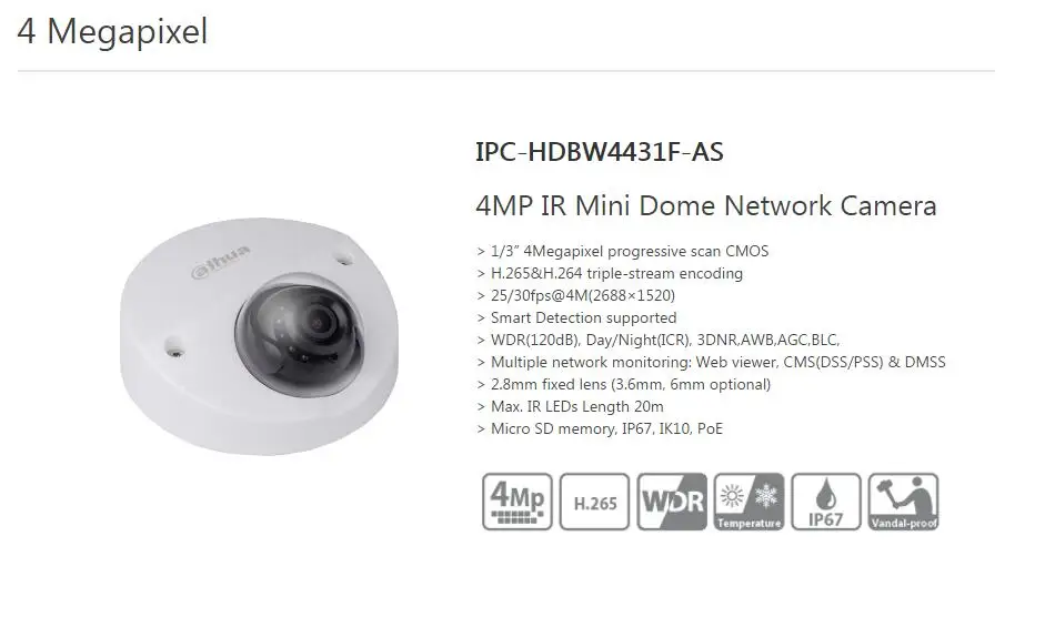 Dahua 4MP IP камера мини купольная IPC-HDBW4431F-AS IR20m IP67 поддержка IK10 POE Micro SD память CCTV камера Интеллектуальное обнаружение поддерживается