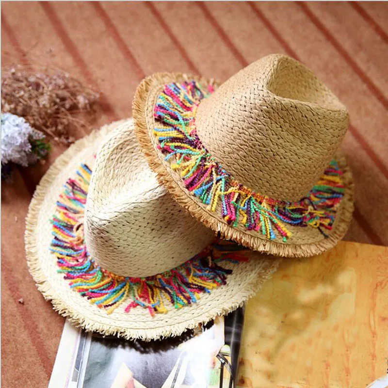 Панама Sombrero Raffia, солнцезащитные шляпы для женщин, шапка с бахромой, ручная работа, в полоску, с кисточками, с помпонами, Рафаэль, соломенная шляпа, пляжная шляпа для женщин