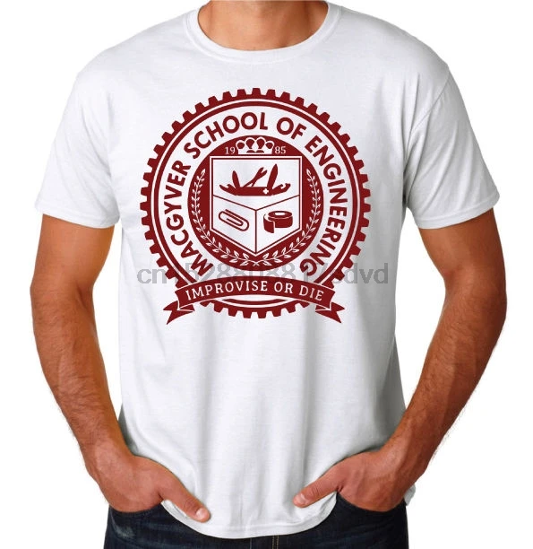 

Macgyver School Gadgets Engineering Funny 80 ActionTV Show White T-Shirt Short Sleeves Cotton T Shirt Top Tee