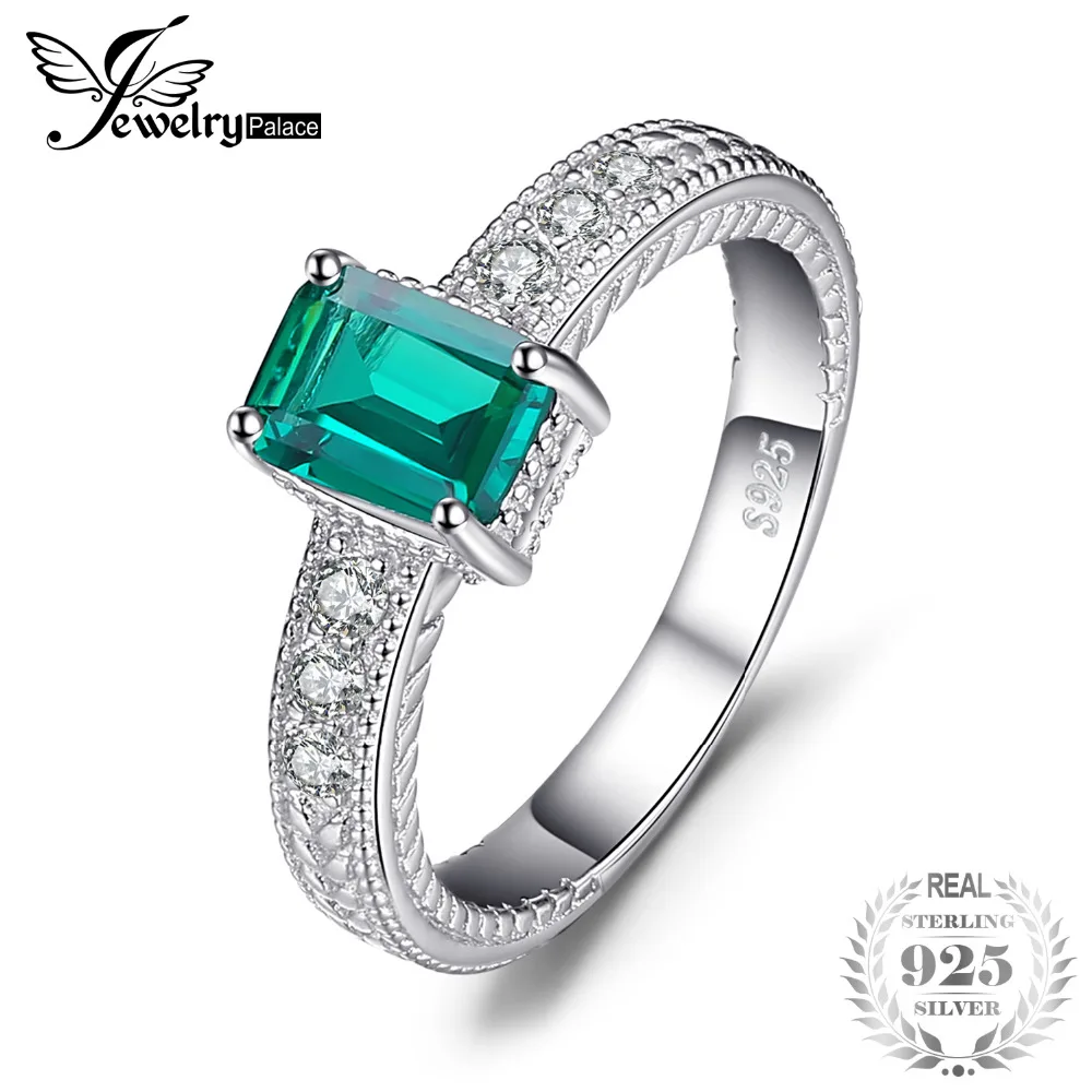 

JewelryPalace Emerald Cut 0.9ct Nano Russian Simulated Emerald Statement Ring 925 Sterling Silver Wedding Fine Jewelry For Women