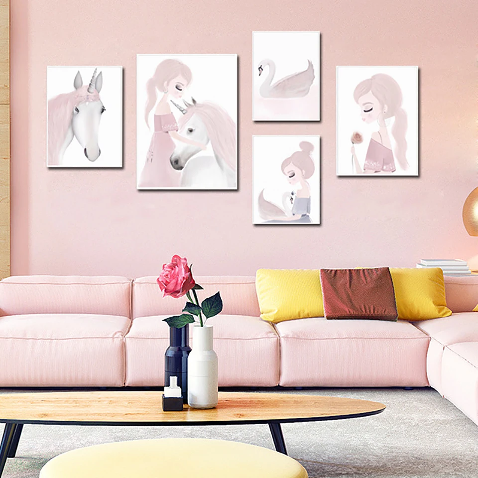 Canvas-HD-Prints-Modern-Pictures-Nordic-Style-Unicorn-Swan-Girl-Wall-Art-Painting-Home-Decoration-Modular