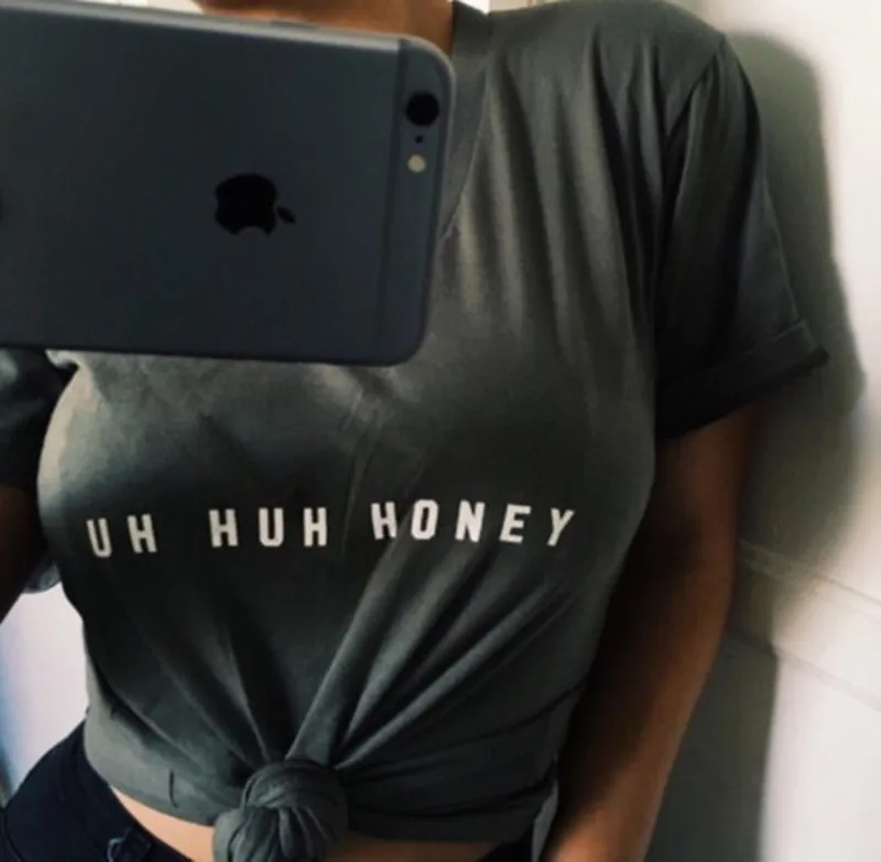 

2017 Women Summer Short Sleeves T Shirts UH HUH HONEY O Neck Black Tees Letter Print Women Tops and Tees