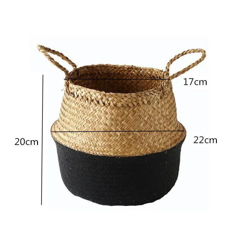 Garden Plant Flower Pot Handmade Rattan Storage Basket Foldable Seagrass Straw Hanging Woven Handle Toy Storage Container 1Pc