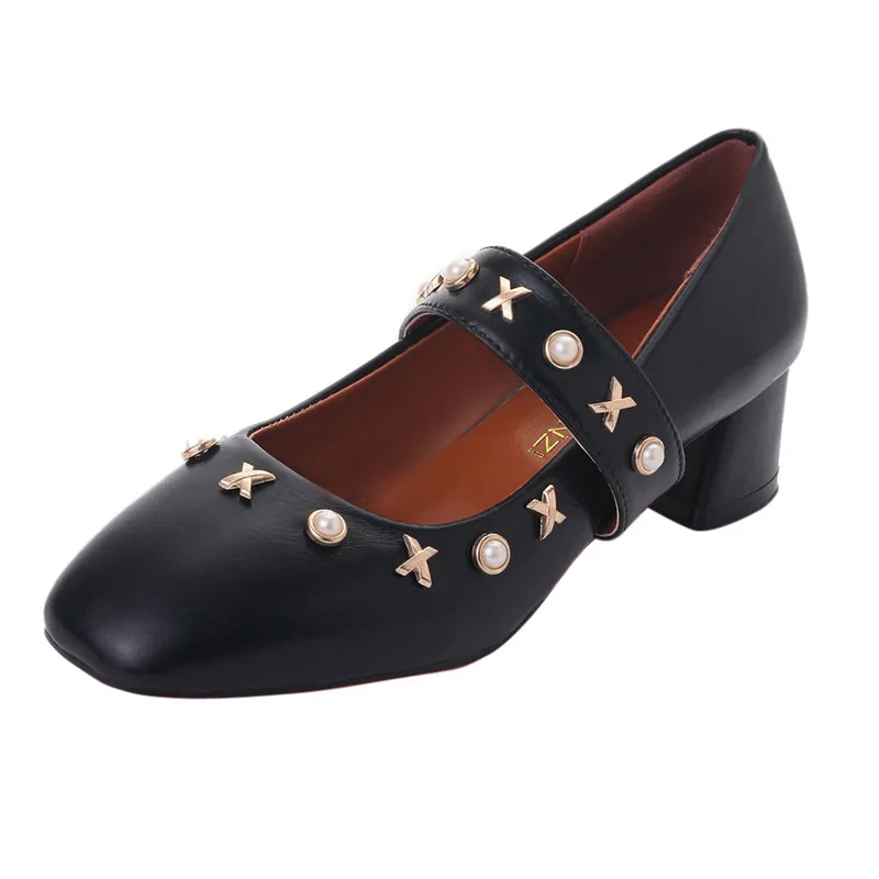 Women Ankle Strap Elegant Bead Middle Heel Imitation Pearl Shoes Square