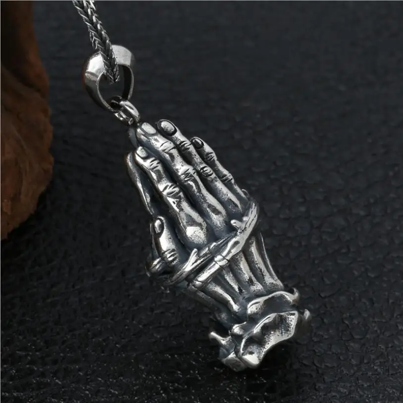 925 Silver Skeleton Hands Pendant Necklace Vintage 925 Sterling Silver