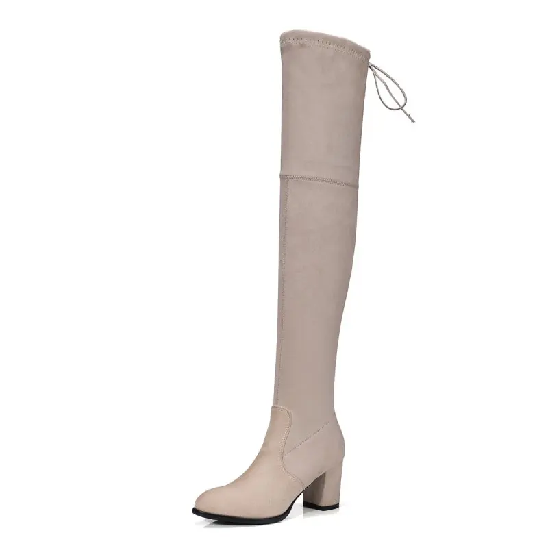 Пикантные женские зимние сапоги выше колена из искусственной замши на каблуке 6 см, женские модные зимние сапоги, Женская Осенняя обувь# Y0619735F - Цвет: Бежевый