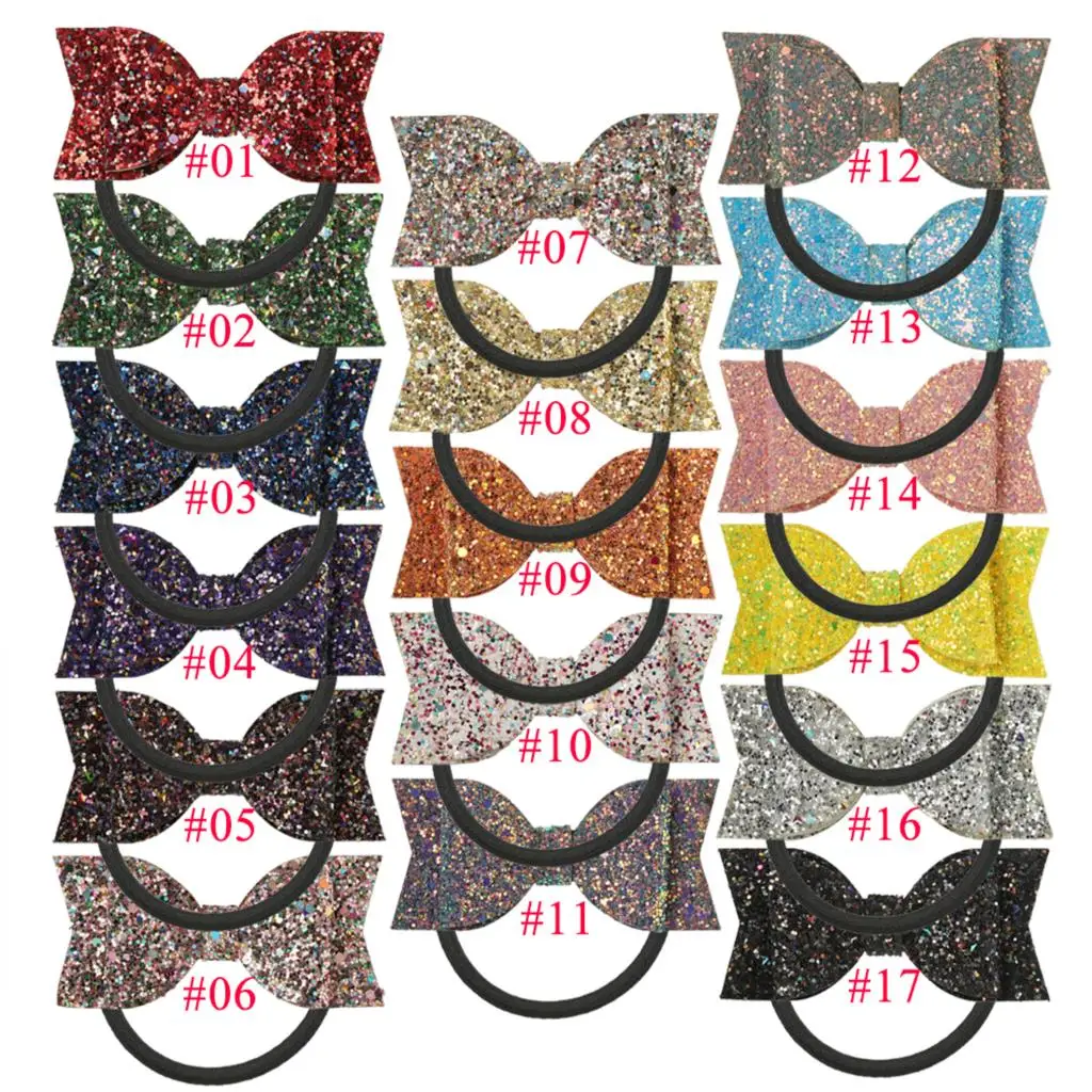 17pcs/set Sequin Cheerleading Hairbow Glitter Bow Elastic Band Ponytail Holder Bowknot Hair Rope Band  For Girls Women