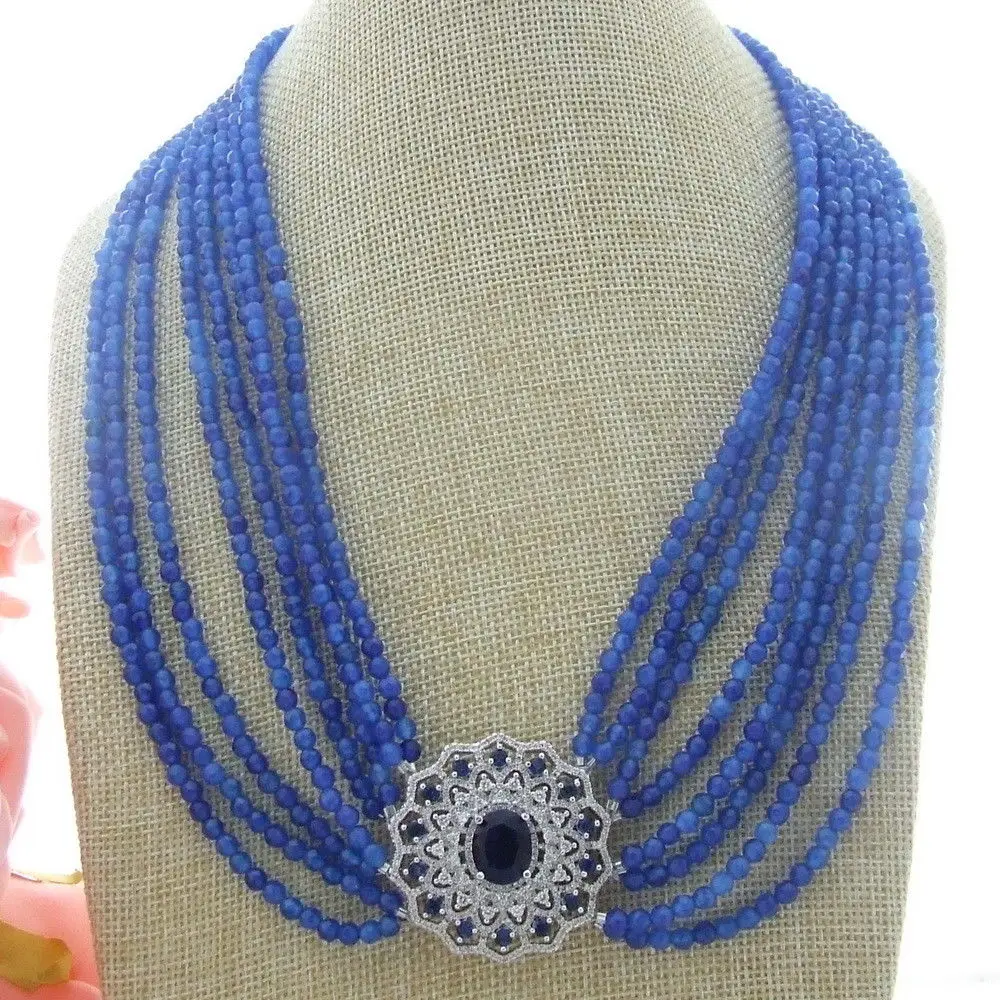 

AB012404 8 Strands Blue Faceted Round Stone Necklace CZ Connector 20