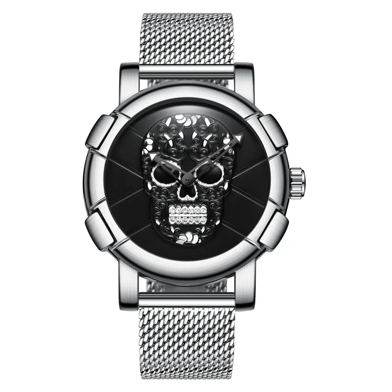 

Mesh belt men's watch large dial skull casual three-eye multi-function quartz watch