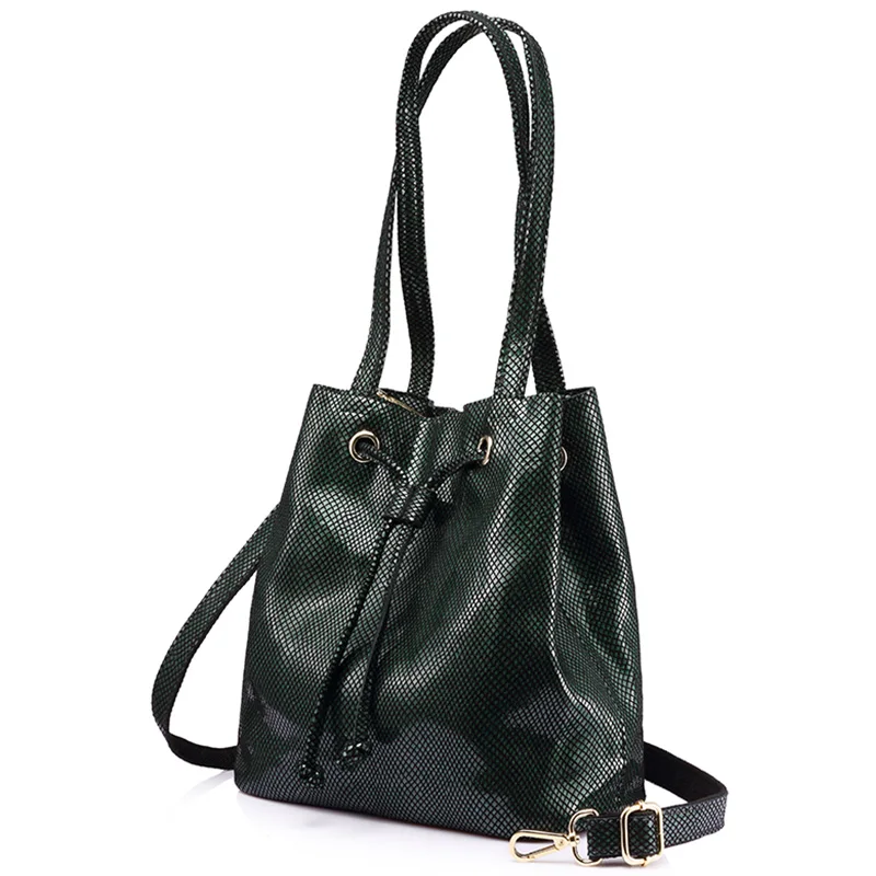REALER, брендовые модные женские сумки из натуральной кожи, большая вместительность, сумка-мешок, женская сумка на плечо с принтом под змеиную кожу - Цвет: Black and Green