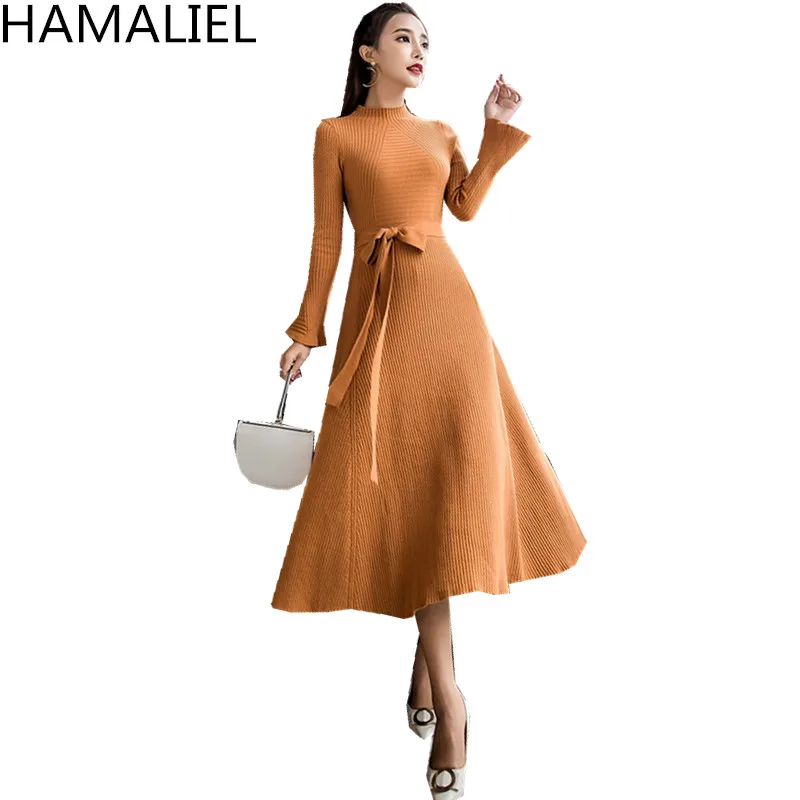 

HAMALIEL Vestidos Dress 2018 Autumn Woemn Solid Knitting Stand Collar Ladies Flare Sleeve Midi Ball Gown Party Dress White Belt