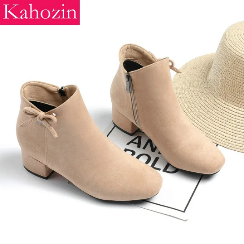 

Autumn Ankle Boots for Women Side Zipper Elegant Simple Square Toe Square Heel Cow Suede Apricot Black Fashion Casual Shoes