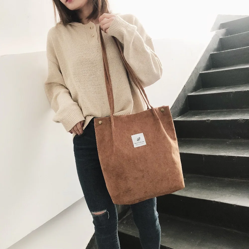

Women Purse Female Cotton Canvas Cloth Pouch Corduroy Shoulder Bag Ladies Casual Tote Handbag Folding Reusable Shopping Bags