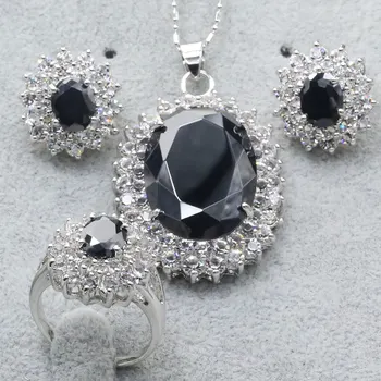 

Otogo Transing Silver Color Black/Red Crystal Women Party Set Multi Color Round Shape Earrings/Necklace/Ring 925 Mark-S9063