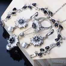 Ювелирные наборы для женщин, свадебные серебряные 925 ювелирные изделия, черно-белые серьги с кубическим цирконием, кольцо, ожерелье, браслет, набор
