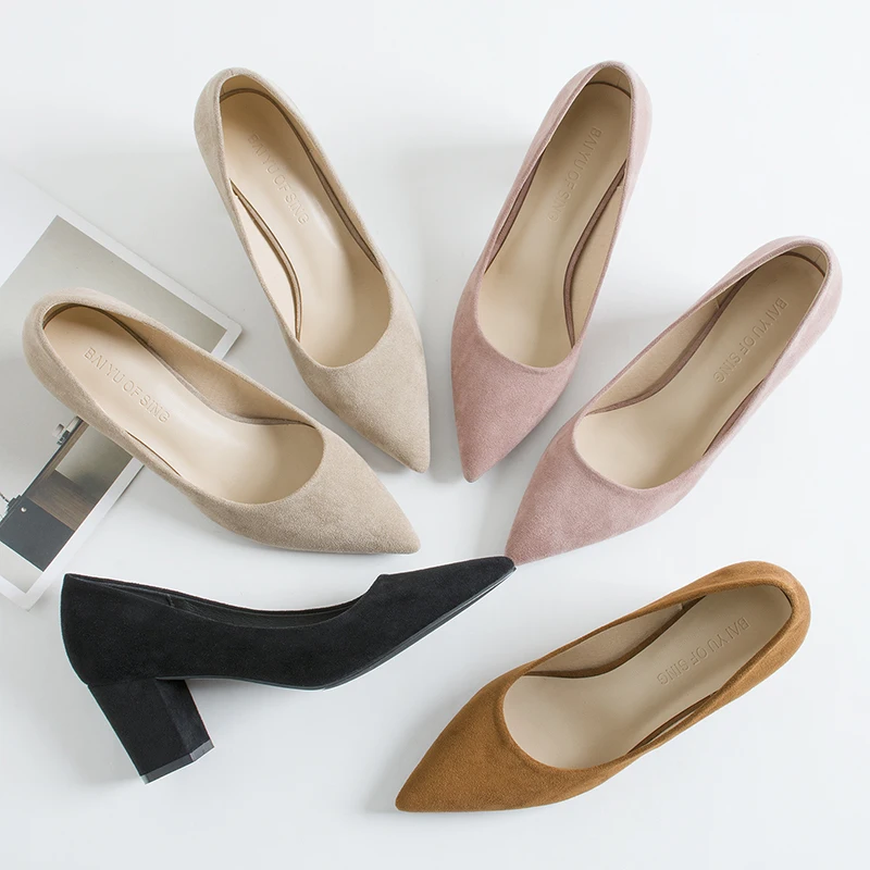 

Shoes Woman Slip On Summer Square High Heels 2019 Office Lady Flock Pointed Toe Heels Pump Shoes Female Sandals Wedding Shoes