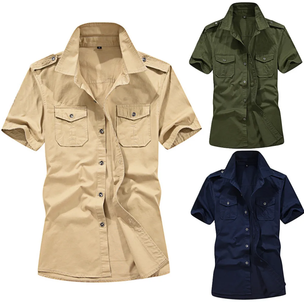 

Men's Casual Fashion Military Pure Color Pocket Short Sleeve Casual Mens Pilot Shirt short Sleeve Patchwork Shirts LooseTops 4