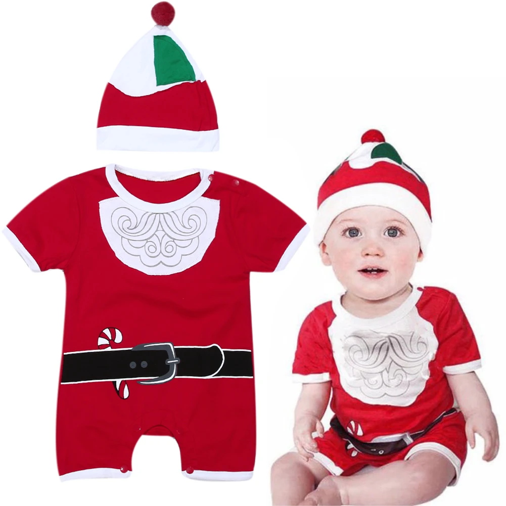Christmas Baby Boys Clothes Newborn Boys Christmas Short Sleeve Romper +Hat 2pcs Infant Clothes