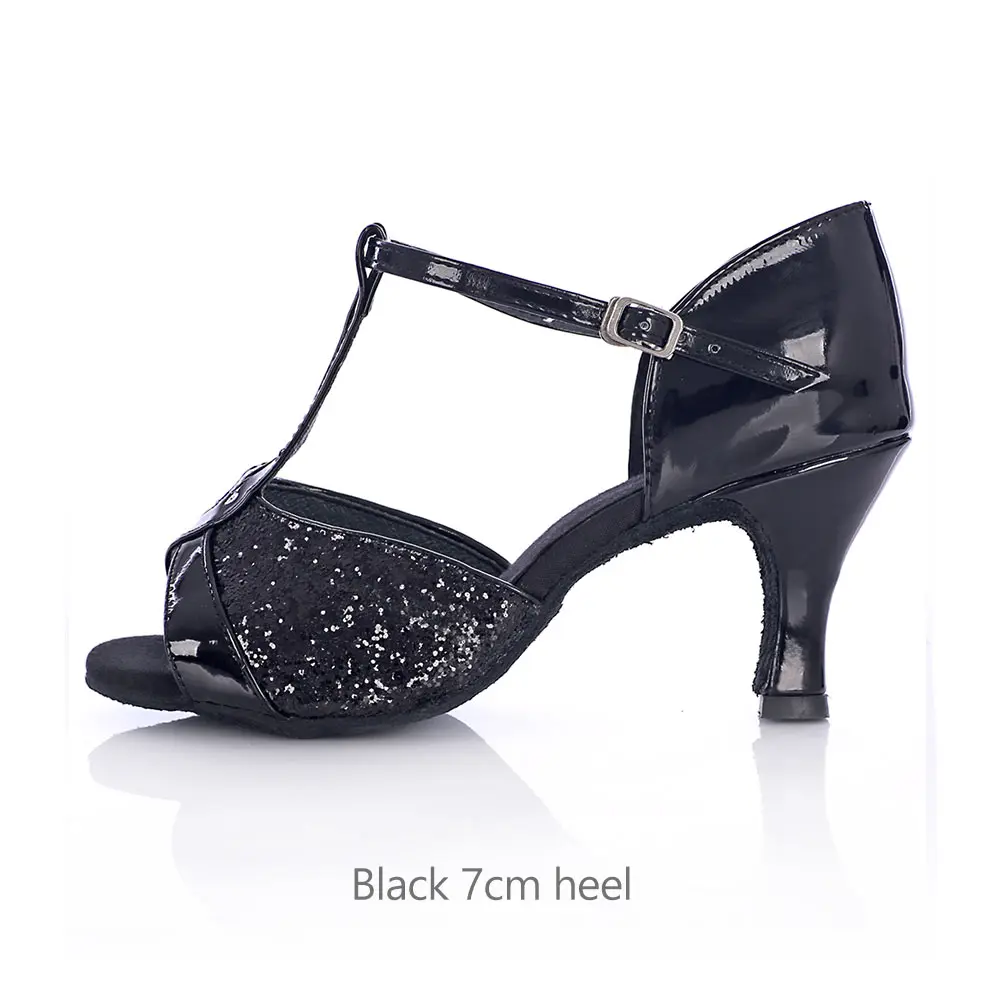 Новое поступление, Женская Обувь для бальных танцев, латинских танцев, танцевальная обувь на каблуке, сальса, танго, обувь на высоком каблуке 5/7 см, танцевальная обувь на мягкой подошве для взрослых - Цвет: Black V 7cm heel