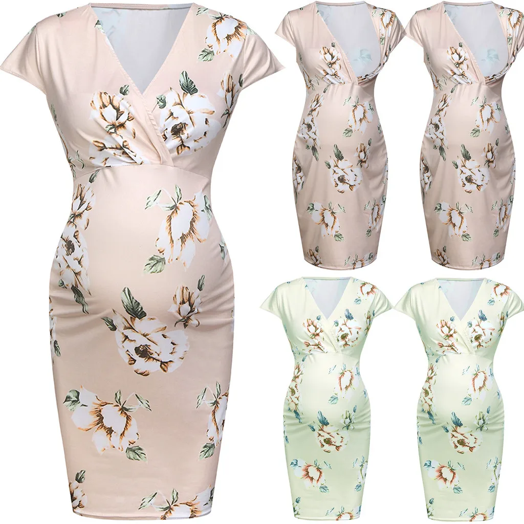 

MUQGEW Maternity Dresses Print V-neck clothes for pregnant Summer Short Sleeve women clothes for pregnant women hamile elbise