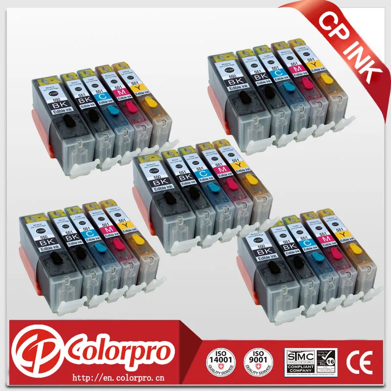 

Free Shipping 25PK (5BK/5PBK/5C/5M/5Y) PGI 550 CLI 551 Edible Ink Cartridge for Canon Printer PIXMA MG5450/MG6350/IP7250/MX925