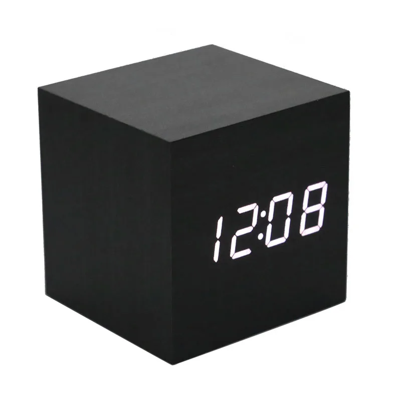 

Cube Wooden LED Alarm Clock Despertador Temperature Sounds Control LED display Electronic Desktop Digital TBable Clocks