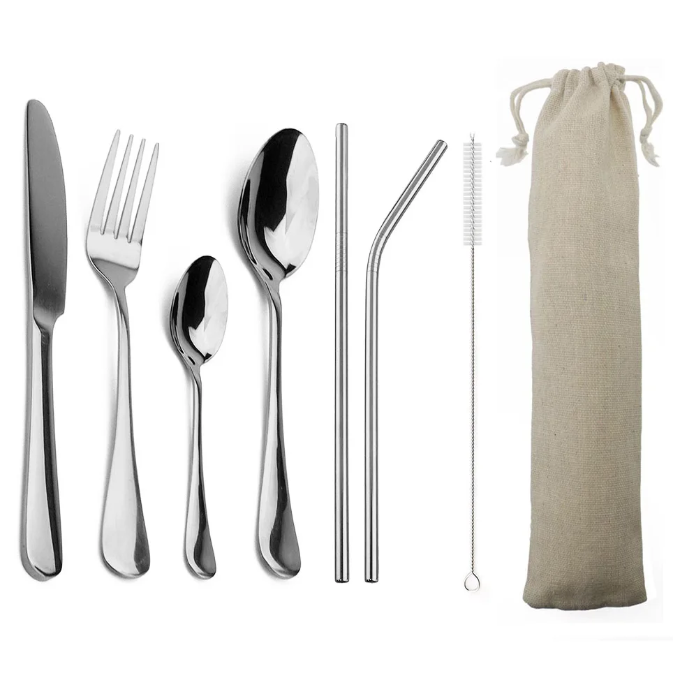 4-Pcs Dinnerware 2-Pcs Metal Straw Stainless Steel Tableware Knife Fork Teaspoon Silverware Cutlery