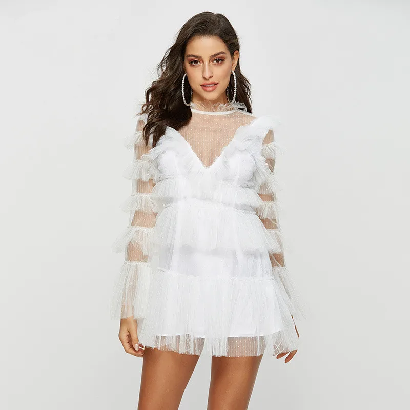 

Women's Sexy white lace mesh dress New 2019 summer backless layered dress A298
