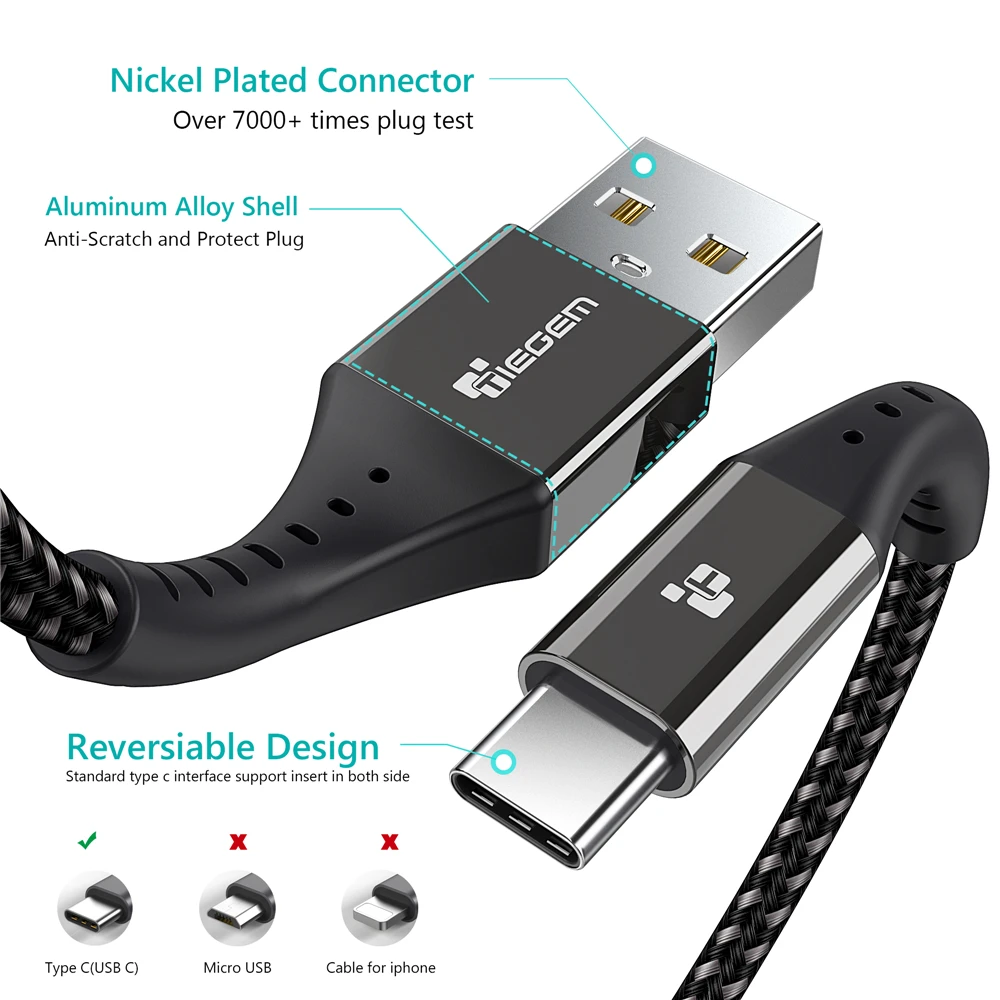 Кабель USB Type C TIEGEM для быстрой зарядки Samsung S8 S9 S10 Xiaomi mi9 note 7 8 9|cable for|cable for samsungtype-c cable |
