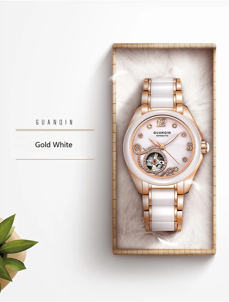 GUANQIN Ceramic Women Watch Automatic Mechanical Watches Hollow Waterproof Watch Ceramic Watch Strap Rhinestone Shell Pattern  (4)